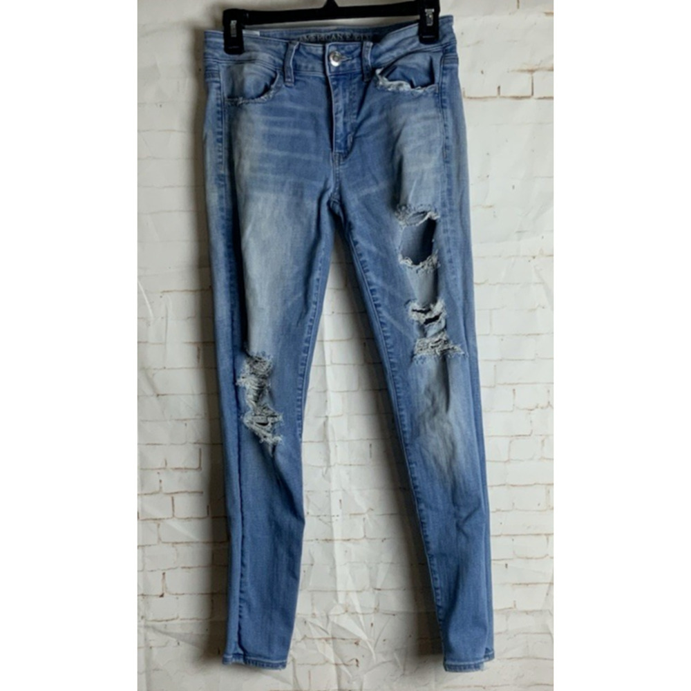 American‎ Eagle Womens Light Wash Super Sretch Distressed Jeggings Size 6